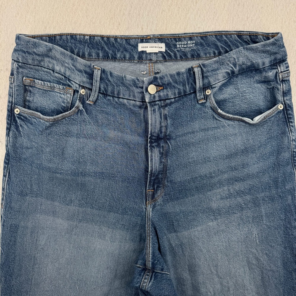 Good American Good Boy Straight Super High Rise Jeans Size 16 Blue Raw Hem